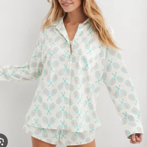 aerie Other - Aerie poplin pj to party Tennis Racket + Hearts button up shirt XL